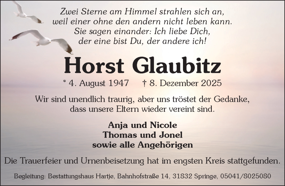  Traueranzeige für Horst Glaubitz vom 03.01.2026 aus Neue Deister-Zeitung