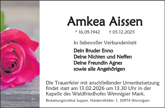 Traueranzeige von Amkea Aissen von Neue Deister-Zeitung