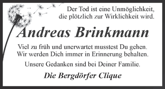 Traueranzeige von Andreas Brinkmann von Deister- und Weserzeitung
