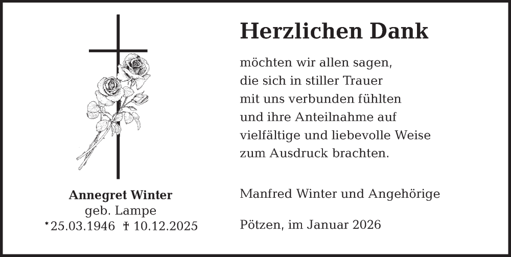  Traueranzeige für Annegret Winter vom 10.01.2026 aus Deister- und Weserzeitung