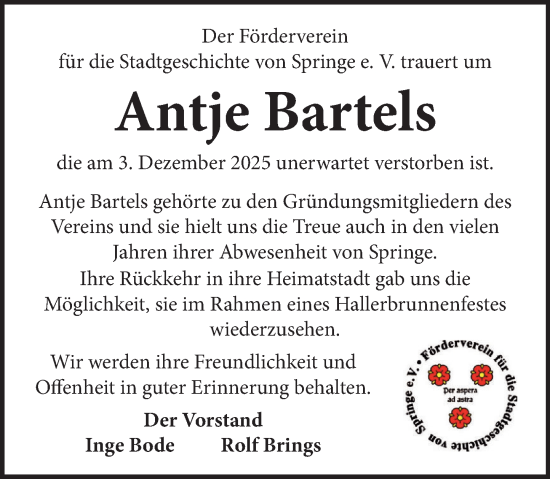 Traueranzeige von Antje Bartels von Neue Deister-Zeitung