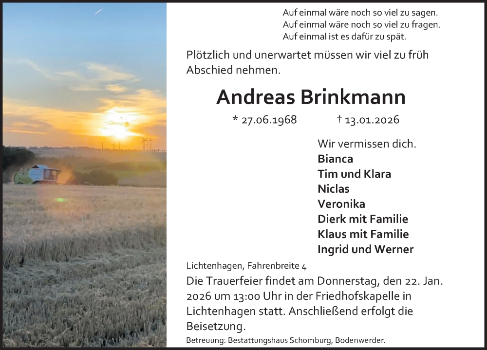  Traueranzeige für Andreas Brinkmann vom 20.01.2026 aus Deister- und Weserzeitung