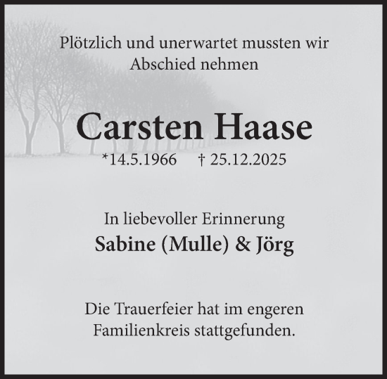 Traueranzeige von Carsten Haase von Deister- und Weserzeitung
