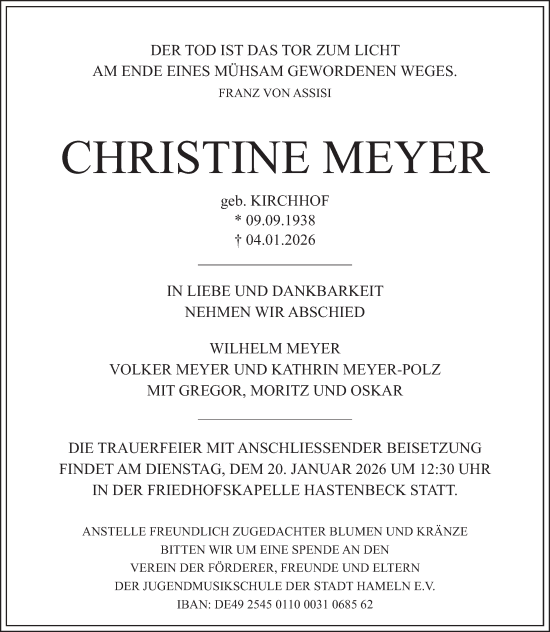 Traueranzeige von Christine Meyer von Deister- und Weserzeitung