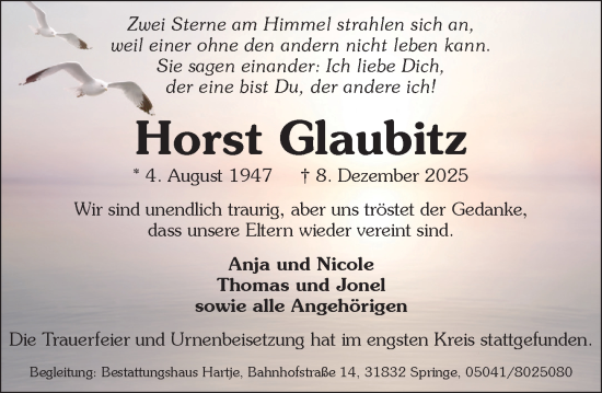 Traueranzeige von Horst Glaubitz von Neue Deister-Zeitung