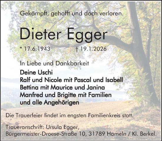 Traueranzeige von Dieter Egger von Deister- und Weserzeitung