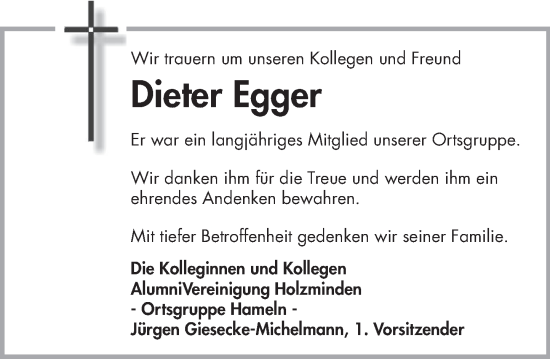 Traueranzeige von Dieter Egger von Deister- und Weserzeitung