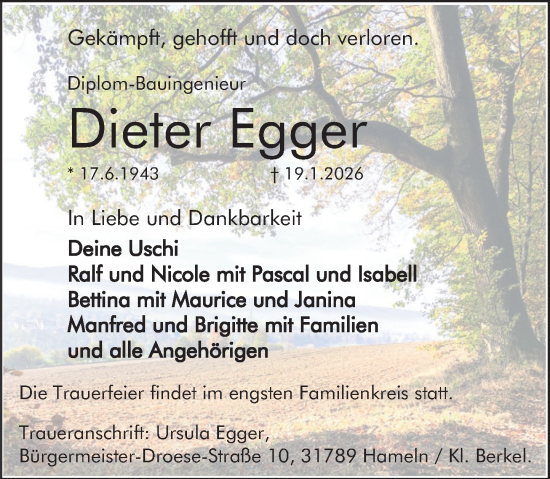 Traueranzeige von Dieter Egger von Deister- und Weserzeitung