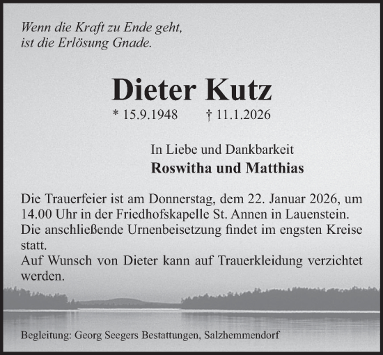 Traueranzeige von Dieter Kutz von Deister- und Weserzeitung