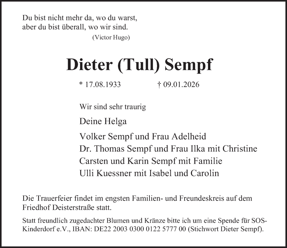  Traueranzeige für Dieter Sempf vom 24.01.2026 aus Deister- und Weserzeitung