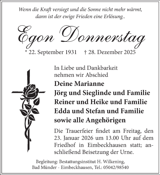 Traueranzeige von Egon Donnerstag von Neue Deister-Zeitung