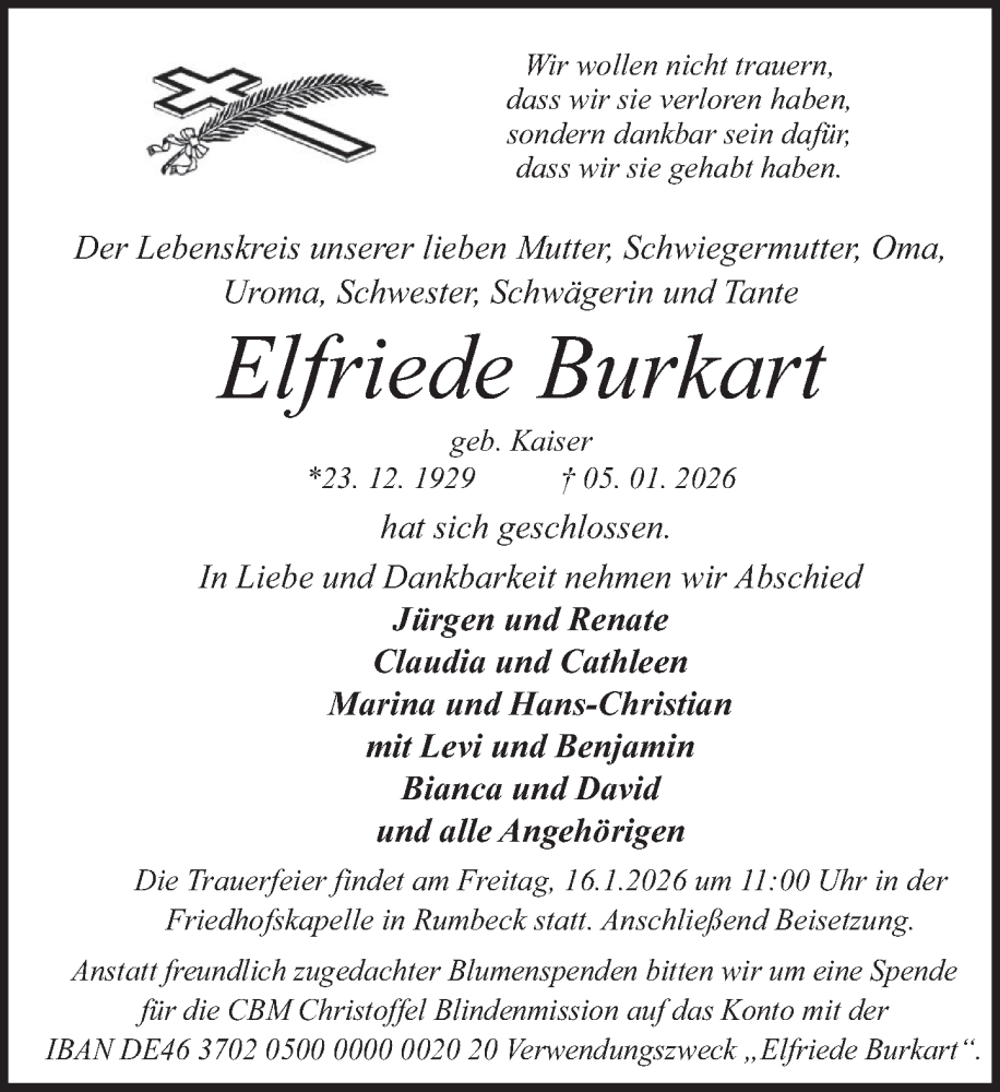  Traueranzeige für Elfriede Burkart vom 10.01.2026 aus Deister- und Weserzeitung