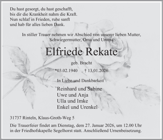 Traueranzeige von Elfriede Rekate von Deister- und Weserzeitung