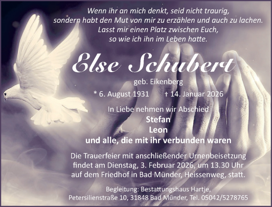 Traueranzeige von Else Schubert von Neue Deister-Zeitung