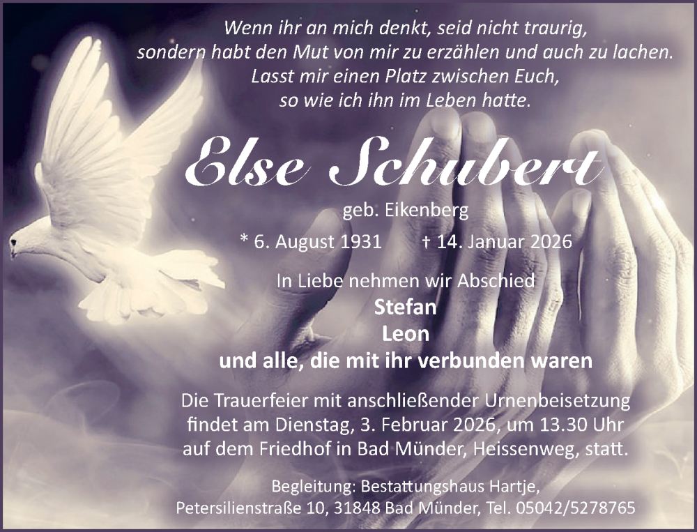  Traueranzeige für Else Schubert vom 31.01.2026 aus Neue Deister-Zeitung