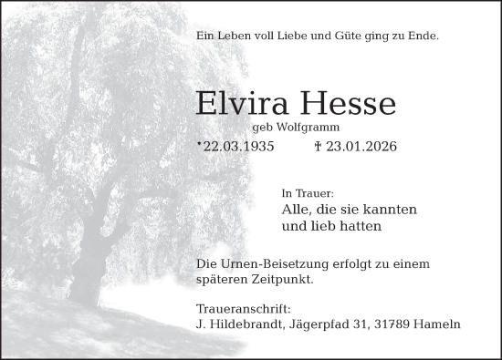 Traueranzeige von Elvira Hesse von Deister- und Weserzeitung