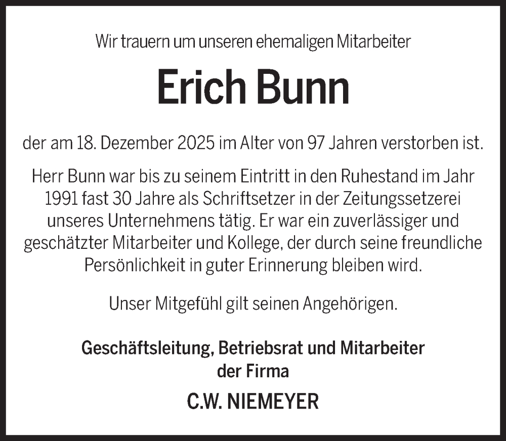  Traueranzeige für Erich Bunn vom 10.01.2026 aus Deister- und Weserzeitung