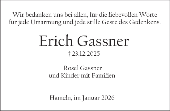 Traueranzeige von Erich Gassner von Deister- und Weserzeitung