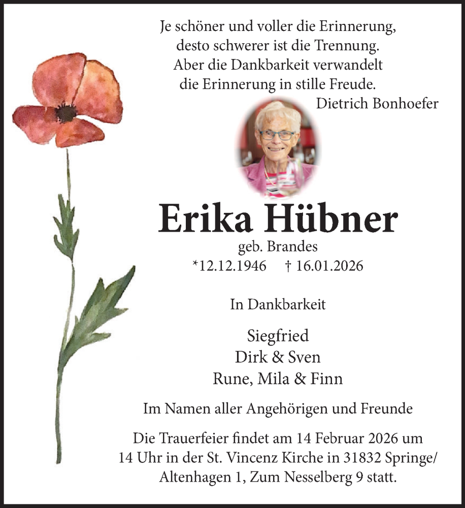  Traueranzeige für Erika Hübner vom 31.01.2026 aus Neue Deister-Zeitung