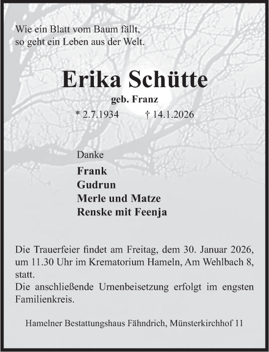 Traueranzeige von Erika Schütte von Deister- und Weserzeitung