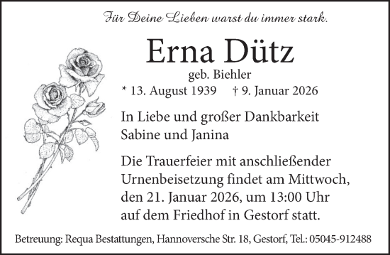 Traueranzeige von Erna Dütz von Neue Deister-Zeitung
