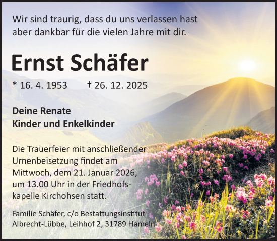 Traueranzeige von Ernst Schäfer von Deister- und Weserzeitung