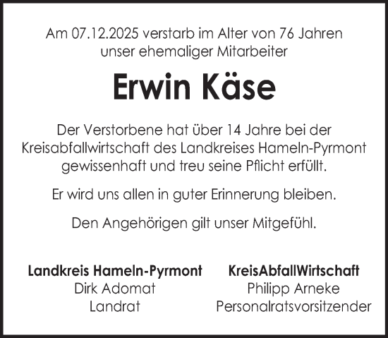 Traueranzeige von Erwin Käse von Deister- und Weserzeitung