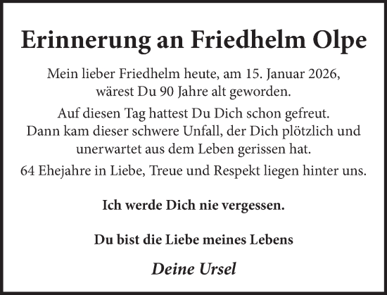 Traueranzeige von Friedhelm Olpe von Neue Deister-Zeitung