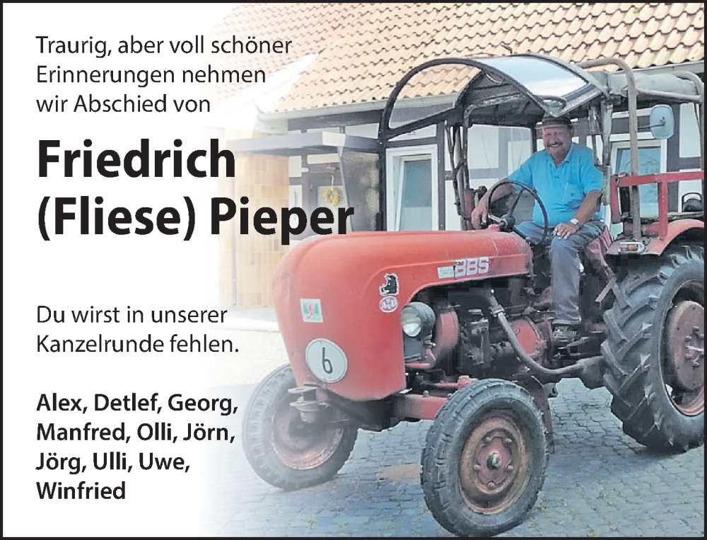  Traueranzeige für Friedrich Pieper vom 24.01.2026 aus Deister- und Weserzeitung