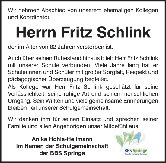 Traueranzeige von Fritz Schlink von Neue Deister-Zeitung