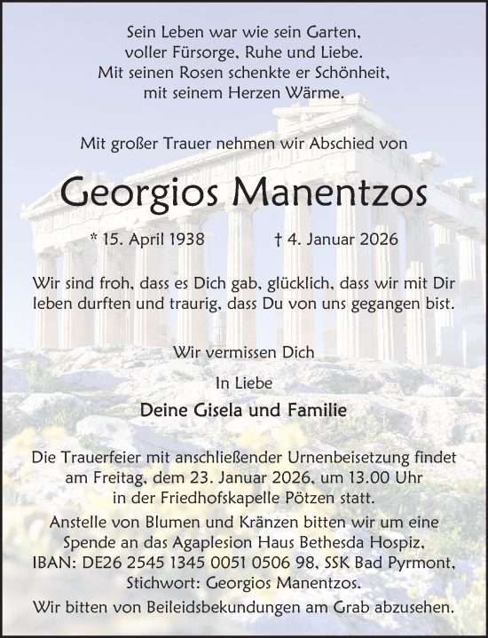 Traueranzeige von Georgios Manentzos von Deister- und Weserzeitung