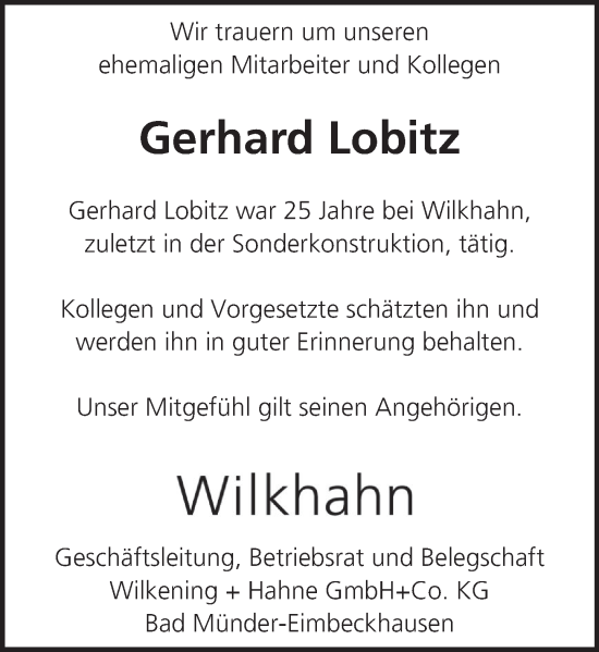 Traueranzeige von Gerhard Lobitz von Neue Deister-Zeitung