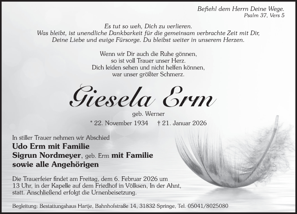  Traueranzeige für Giesela Erm vom 31.01.2026 aus Neue Deister-Zeitung