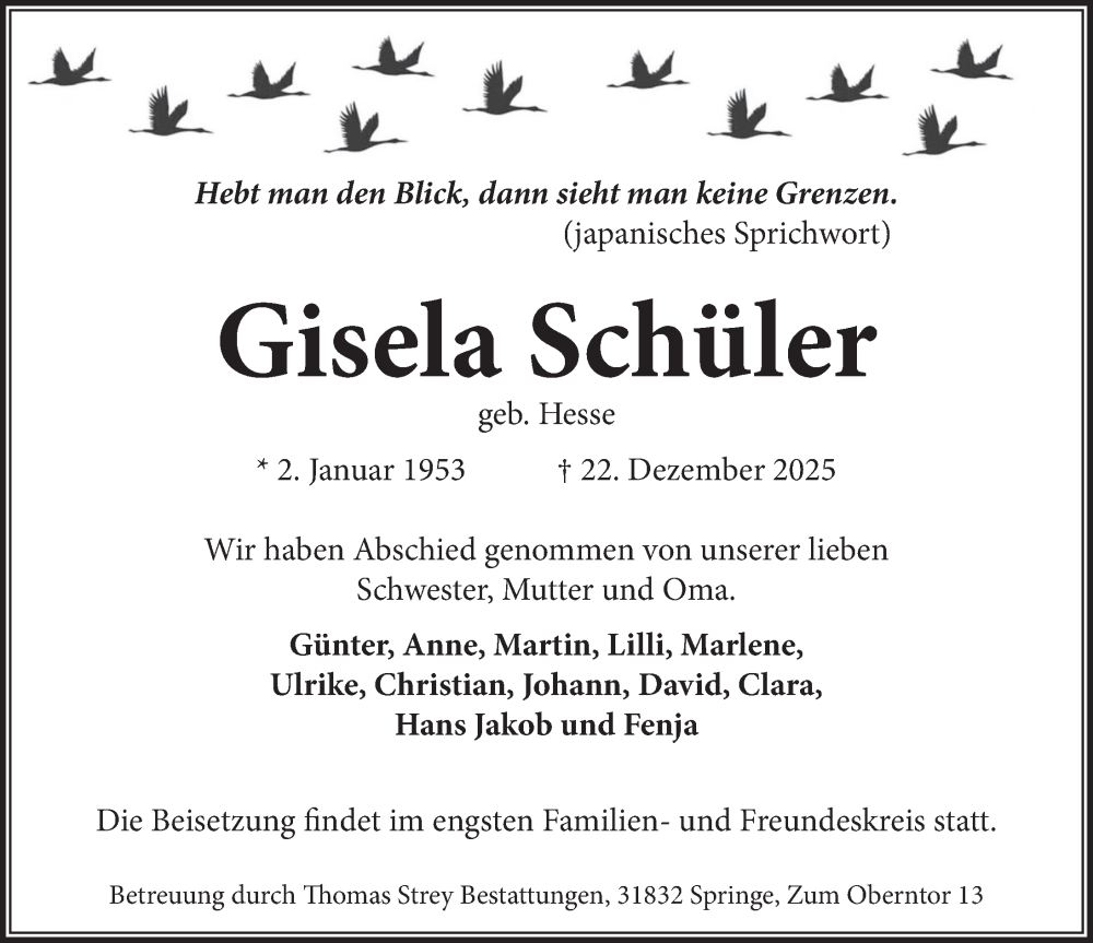  Traueranzeige für Gisela Schüler vom 17.01.2026 aus Neue Deister-Zeitung