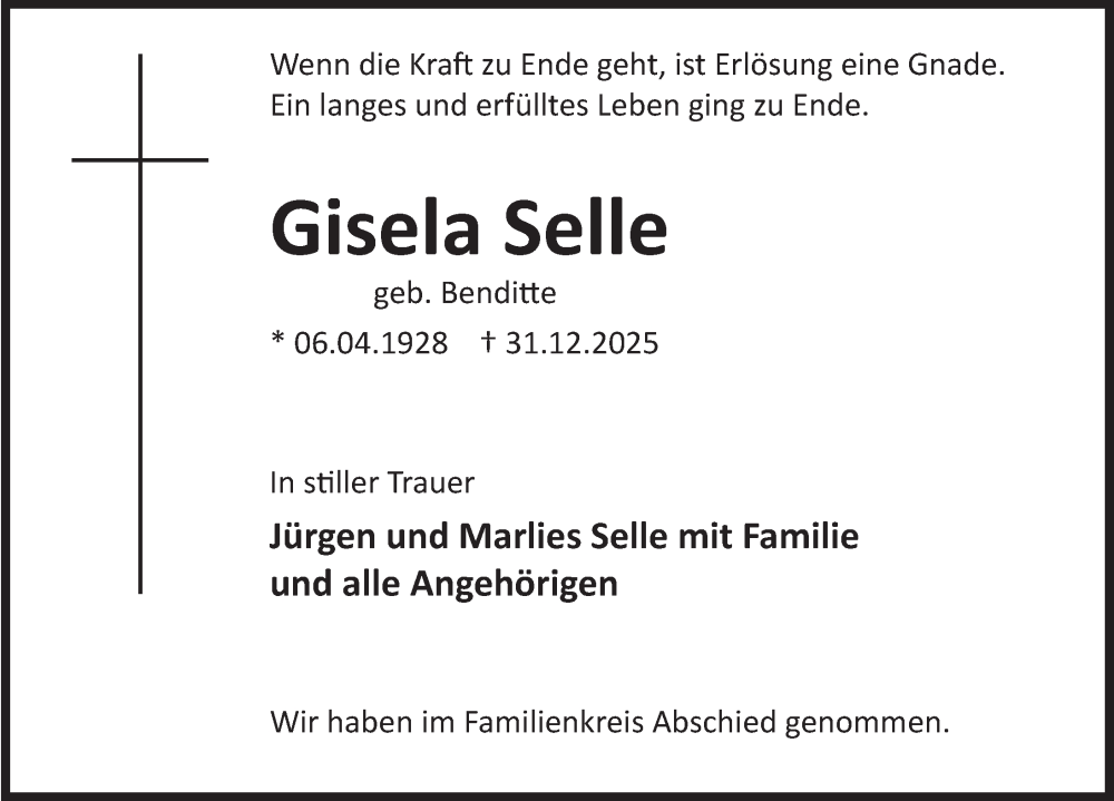  Traueranzeige für Gisela Selle vom 31.01.2026 aus Deister- und Weserzeitung