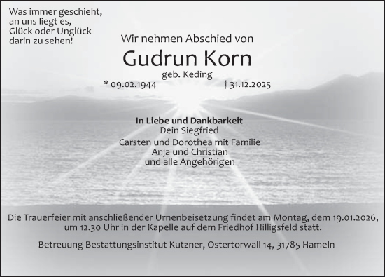 Traueranzeige von Gudrun Korn von Deister- und Weserzeitung