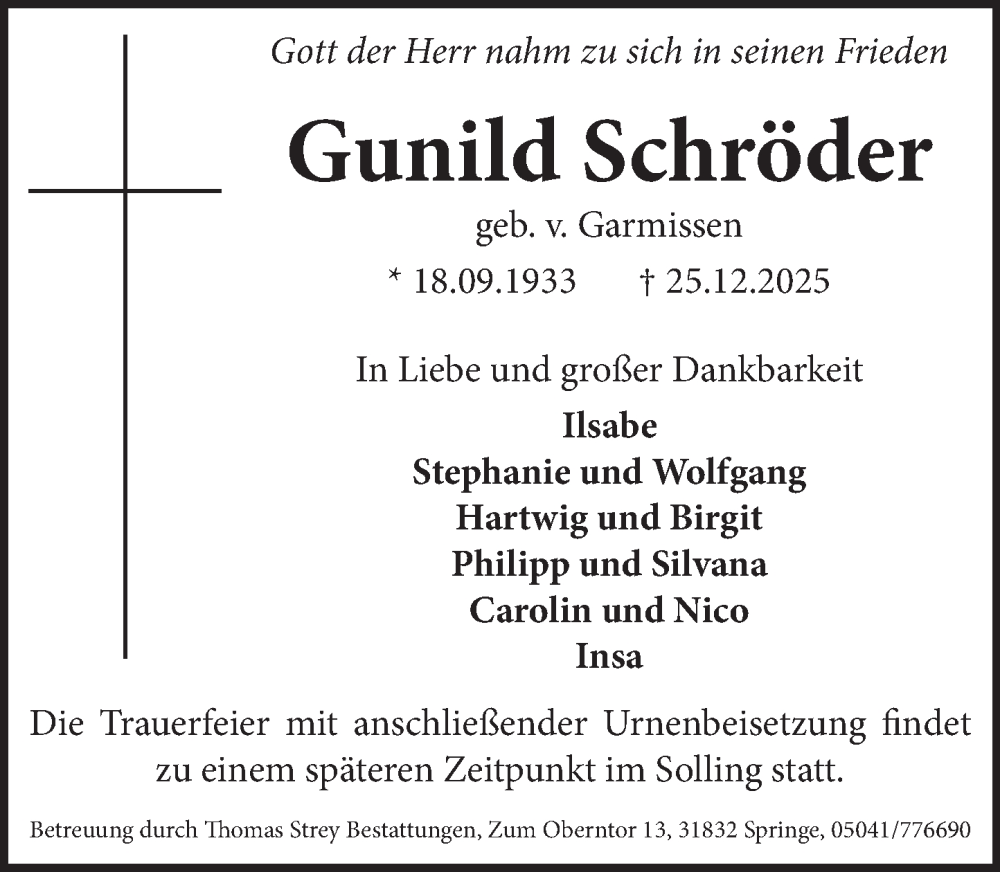  Traueranzeige für Gunild Schröder vom 10.01.2026 aus Neue Deister-Zeitung