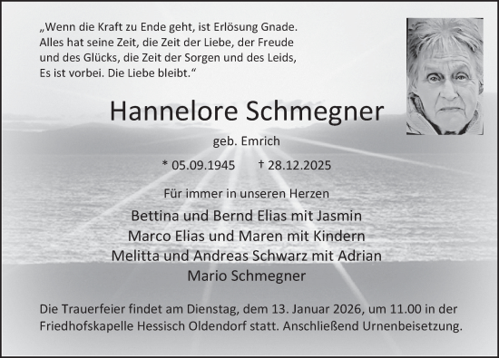 Traueranzeige von Hannelore Schmegner von Deister- und Weserzeitung