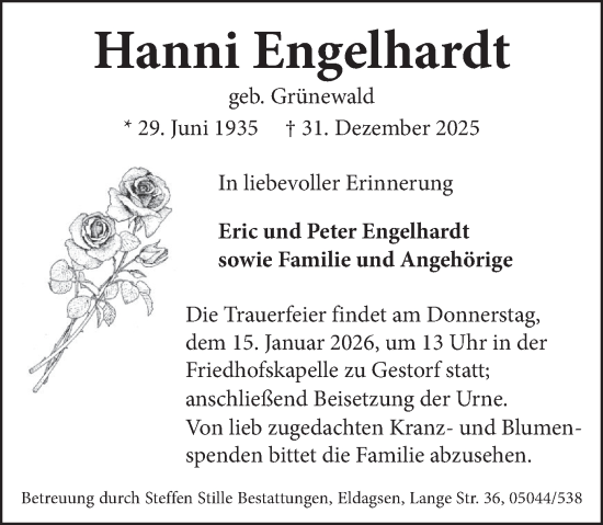 Traueranzeige von Hanni Engelhardt von Neue Deister-Zeitung