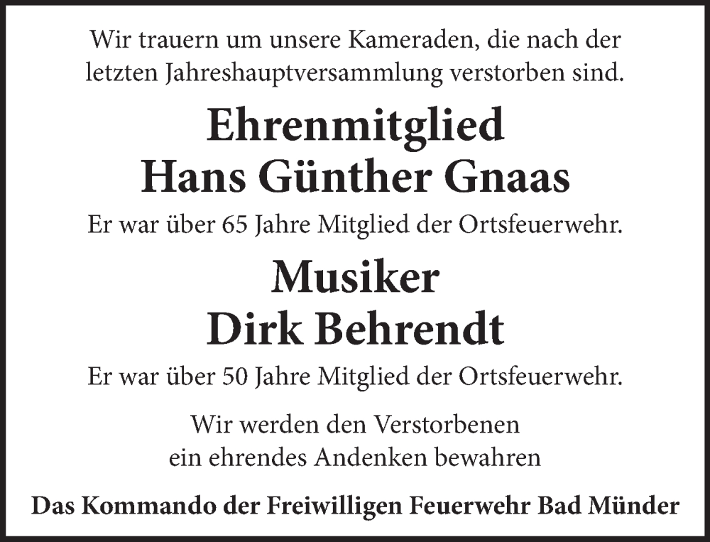  Traueranzeige für Hans Günther Gnaas vom 10.01.2026 aus Neue Deister-Zeitung