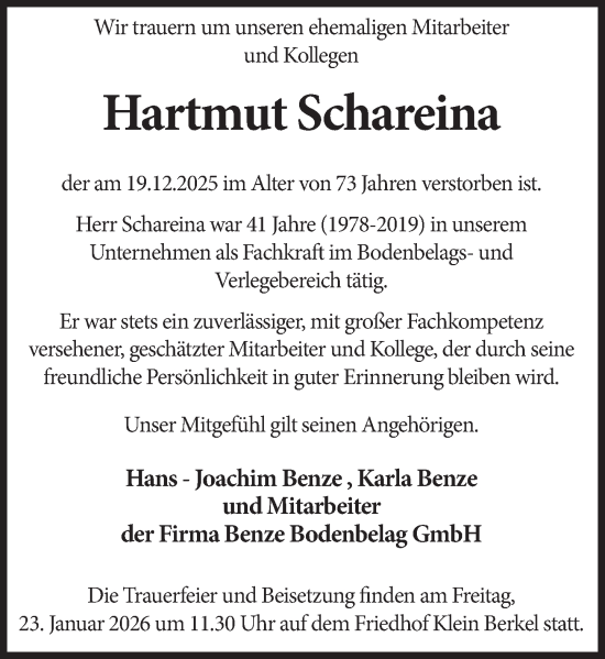Traueranzeige von Hartmut Schareina von Deister- und Weserzeitung