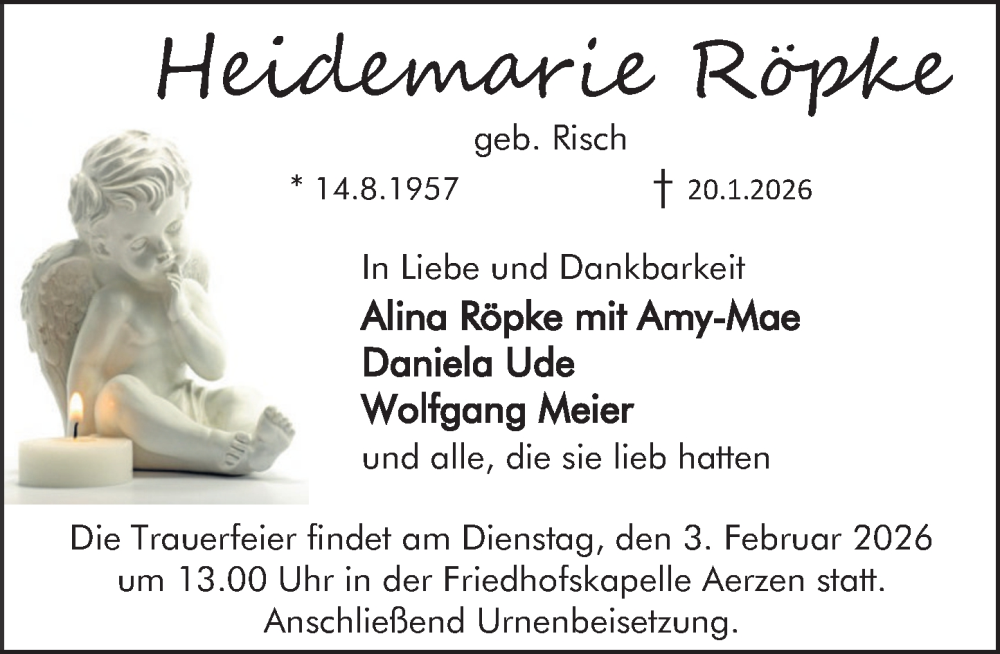  Traueranzeige für Heidemarie Röpke vom 31.01.2026 aus Deister- und Weserzeitung