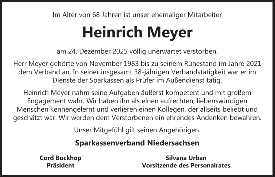 Traueranzeige von Heinrich Meyer von Deister- und Weserzeitung