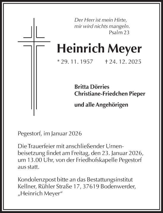 Traueranzeige von Heinrich Meyer von Deister- und Weserzeitung
