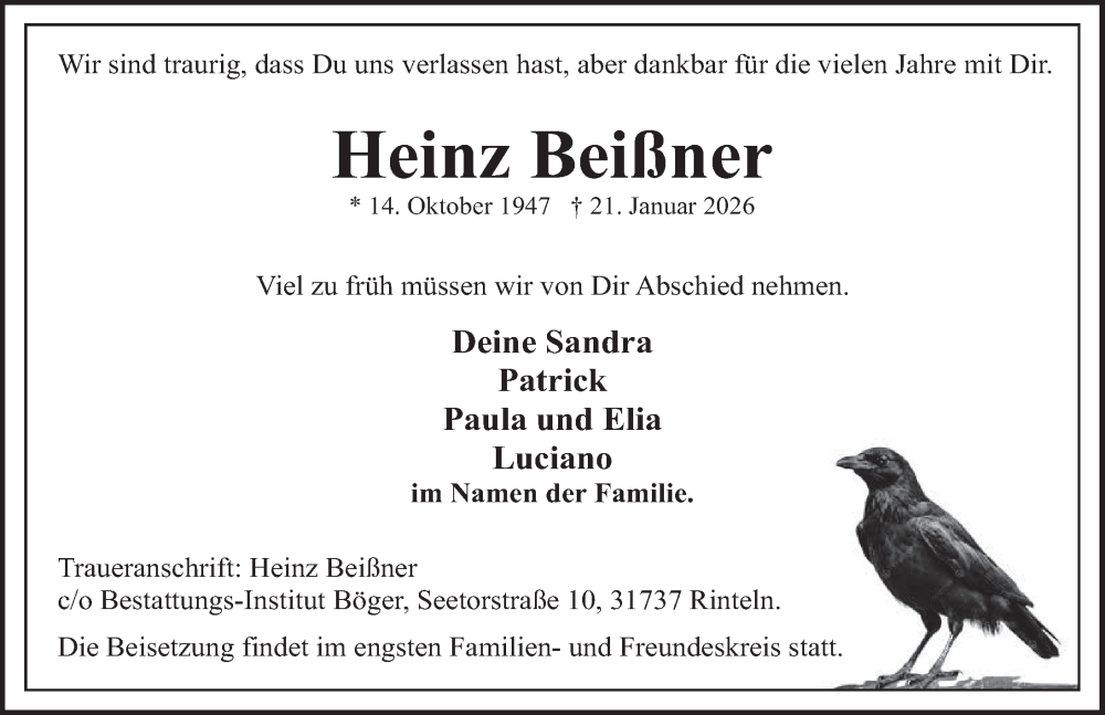  Traueranzeige für Heinz Beißner vom 24.01.2026 aus Deister- und Weserzeitung