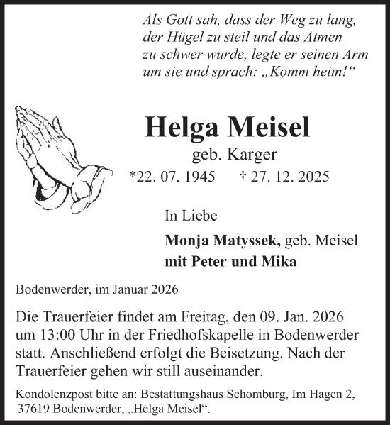 Traueranzeige von Helga Meisel von Deister- und Weserzeitung