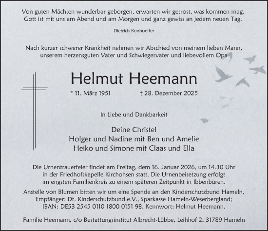Traueranzeige von Helmut Heemann von Deister- und Weserzeitung