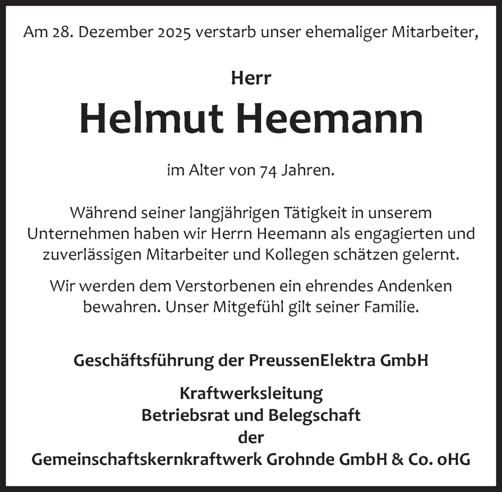  Traueranzeige für Helmut Heemann vom 10.01.2026 aus Deister- und Weserzeitung