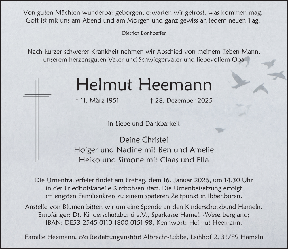  Traueranzeige für Helmut Heemann vom 10.01.2026 aus Deister- und Weserzeitung