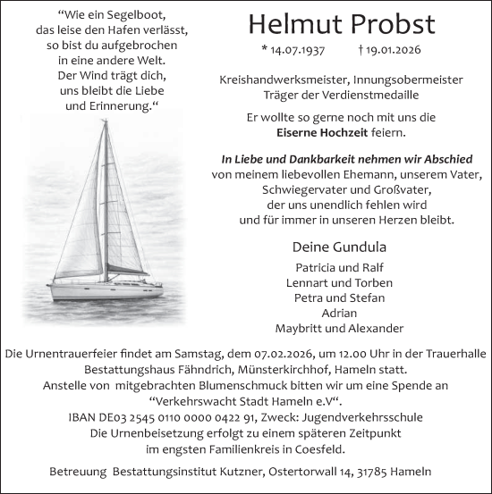 Traueranzeige von Helmut Probst von Deister- und Weserzeitung